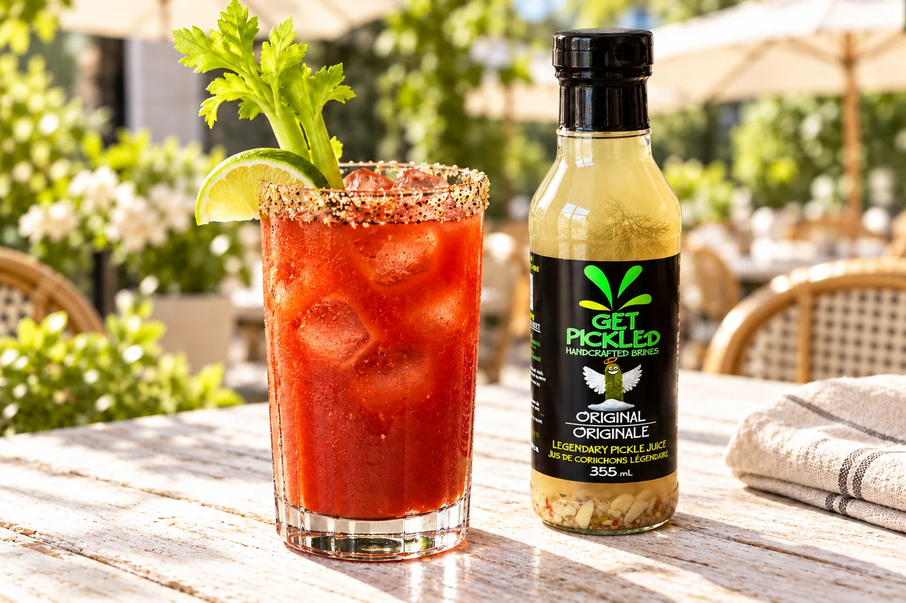 A finished Caesar with celery and lime beside a Get Pickled Brines Original bottle