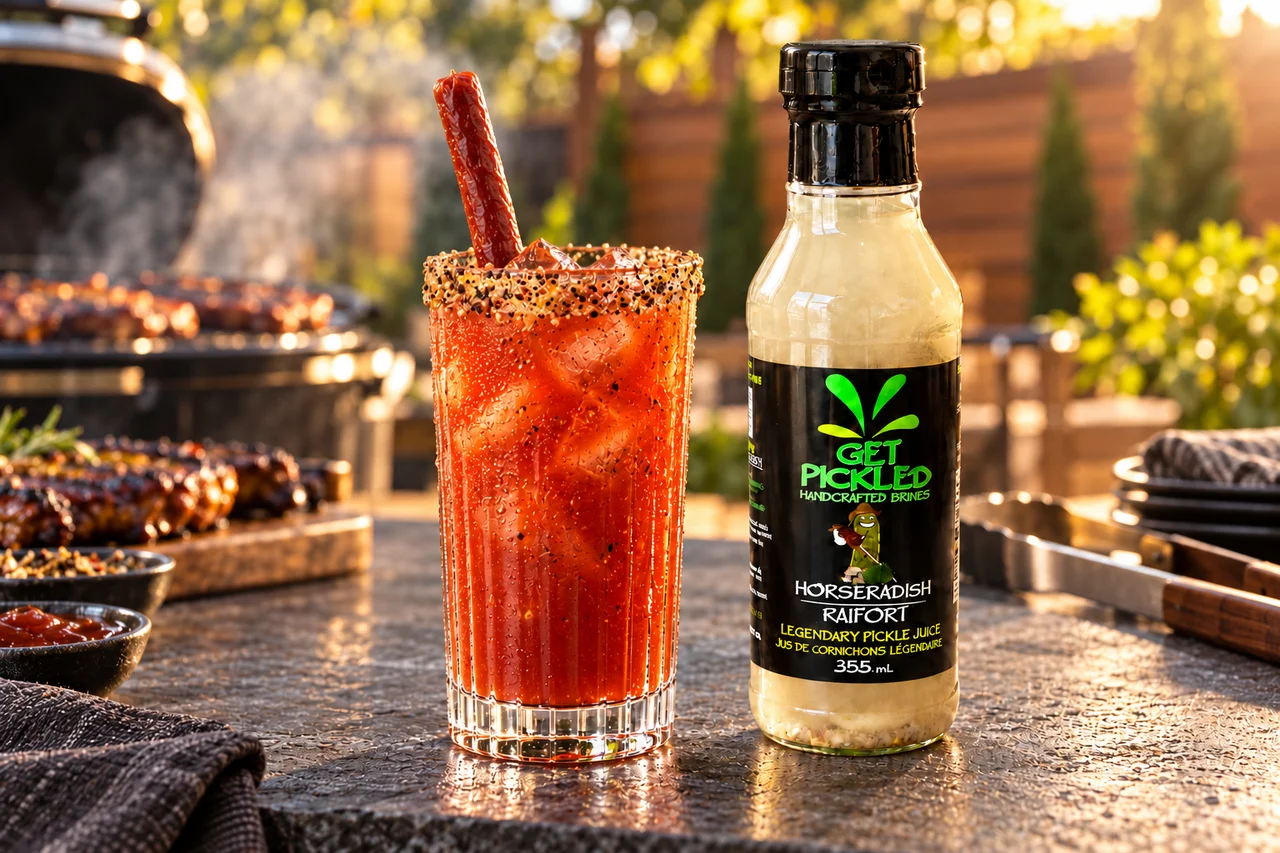Smoky BBQ Caesar with a pepperoni stick garnish and seasoned rim beside a Get Pickled Brines Horseradish bottle at a backyard barbecue