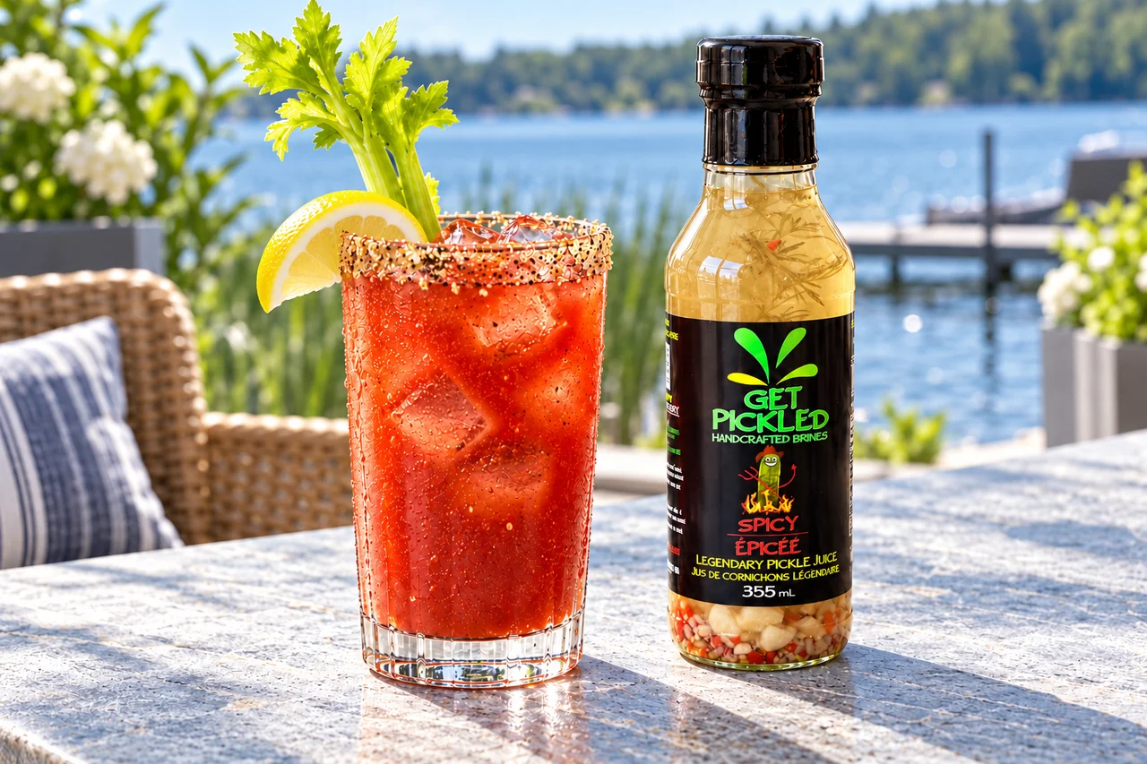 Spicy Gin Caesar garnished with a yellow lemon wedge and celery beside a Get Pickled Brines Spicy bottle on a lakeside terrace