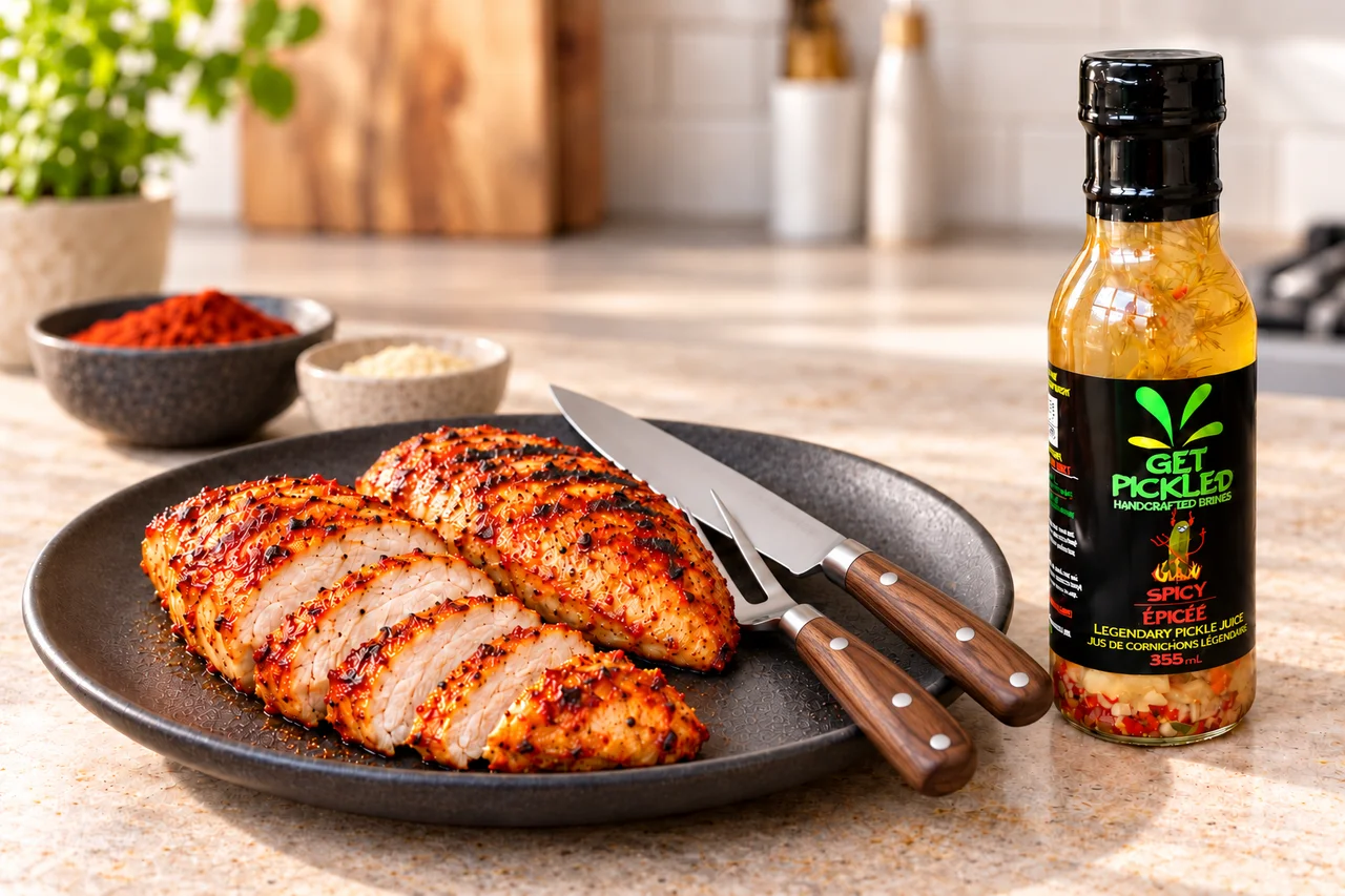 Spicy garlic-paprika chicken breasts with a walnut-handled carving knife and two-pronged fork on a charcoal plate beside a Get Pickled Brines Spicy bottle