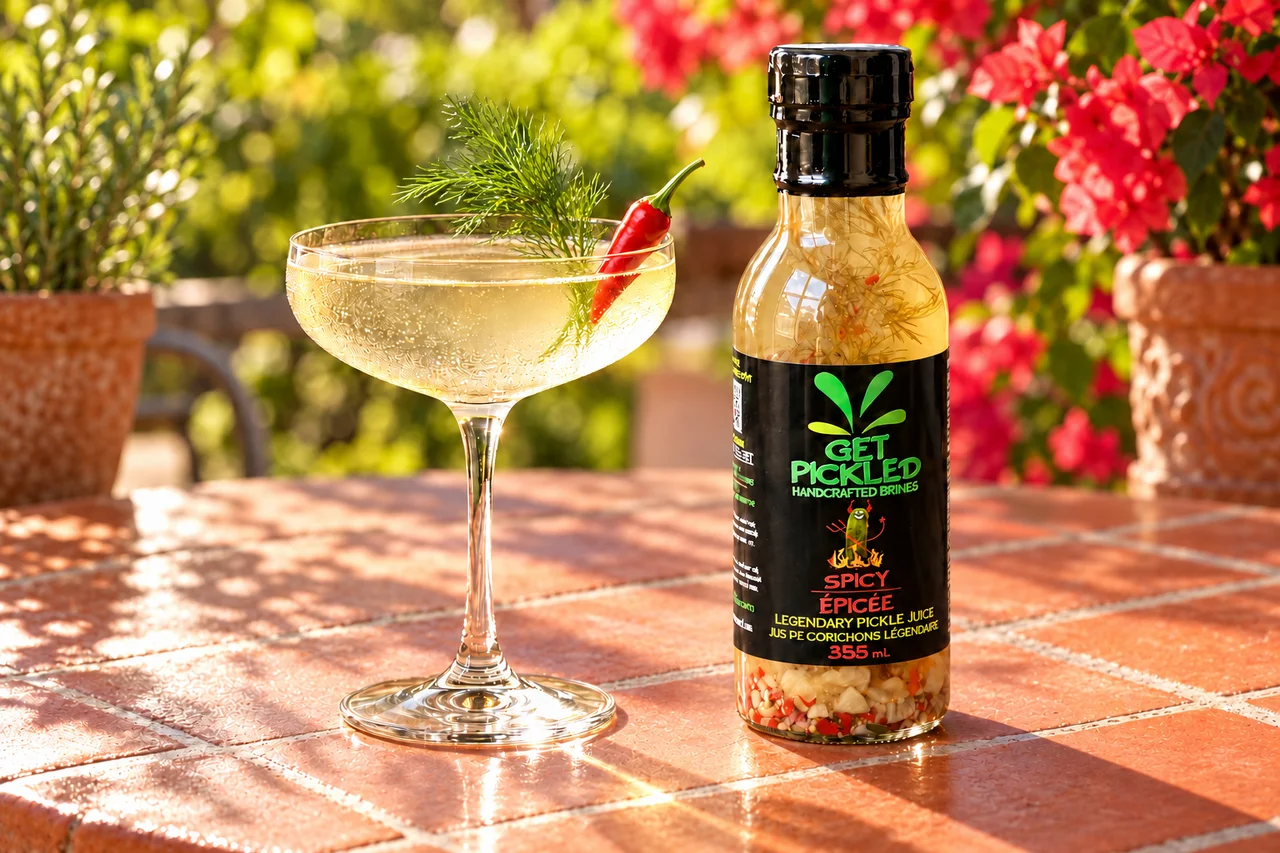 Spicy gin pickle martini garnished with a red chili pepper and fresh dill beside a Get Pickled Brines Spicy bottle in a summer garden