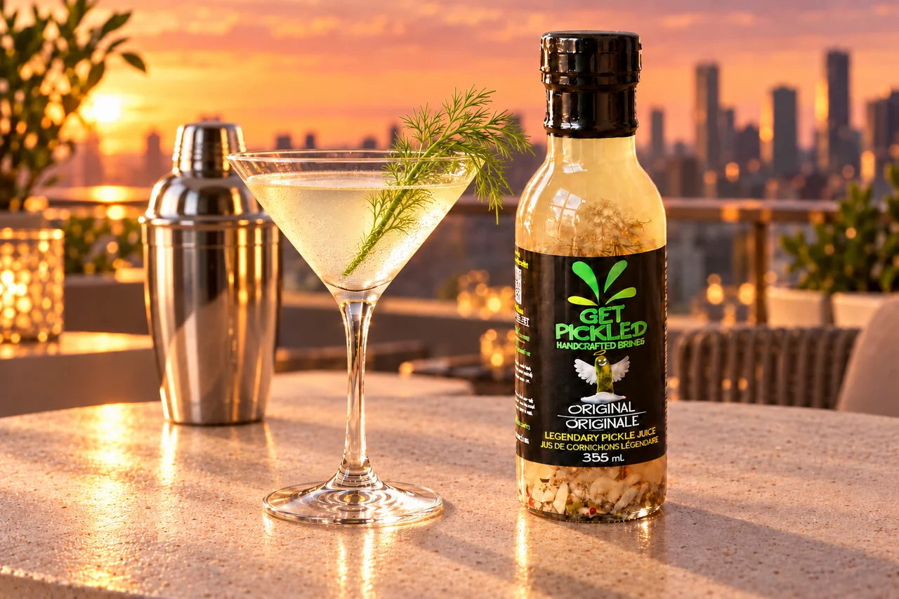Original Pickletini in a traditional martini glass beside an Original bottle and cocktail shaker