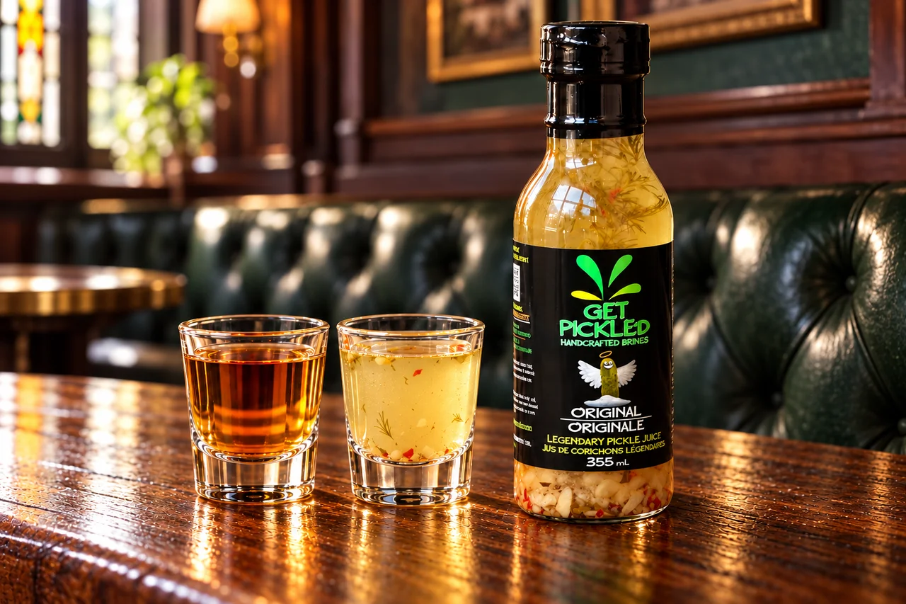 Irish whiskey and pickle juice in separate glasses beside a Get Pickled Brines Original bottle