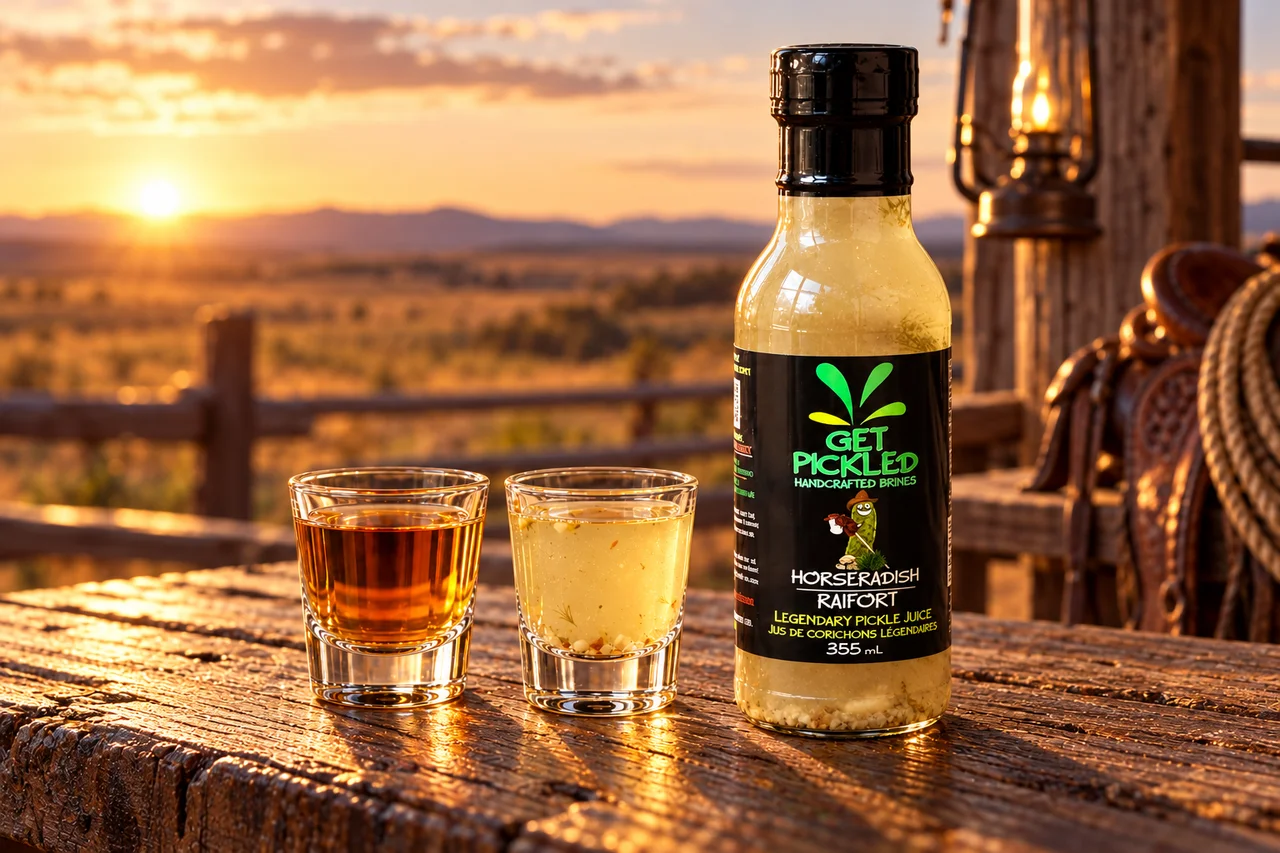 Albertan Pickleback: bourbon and Horseradish pickle juice in separate shot glasses beside a Get Pickled Brines Horseradish bottle on a ranch porch