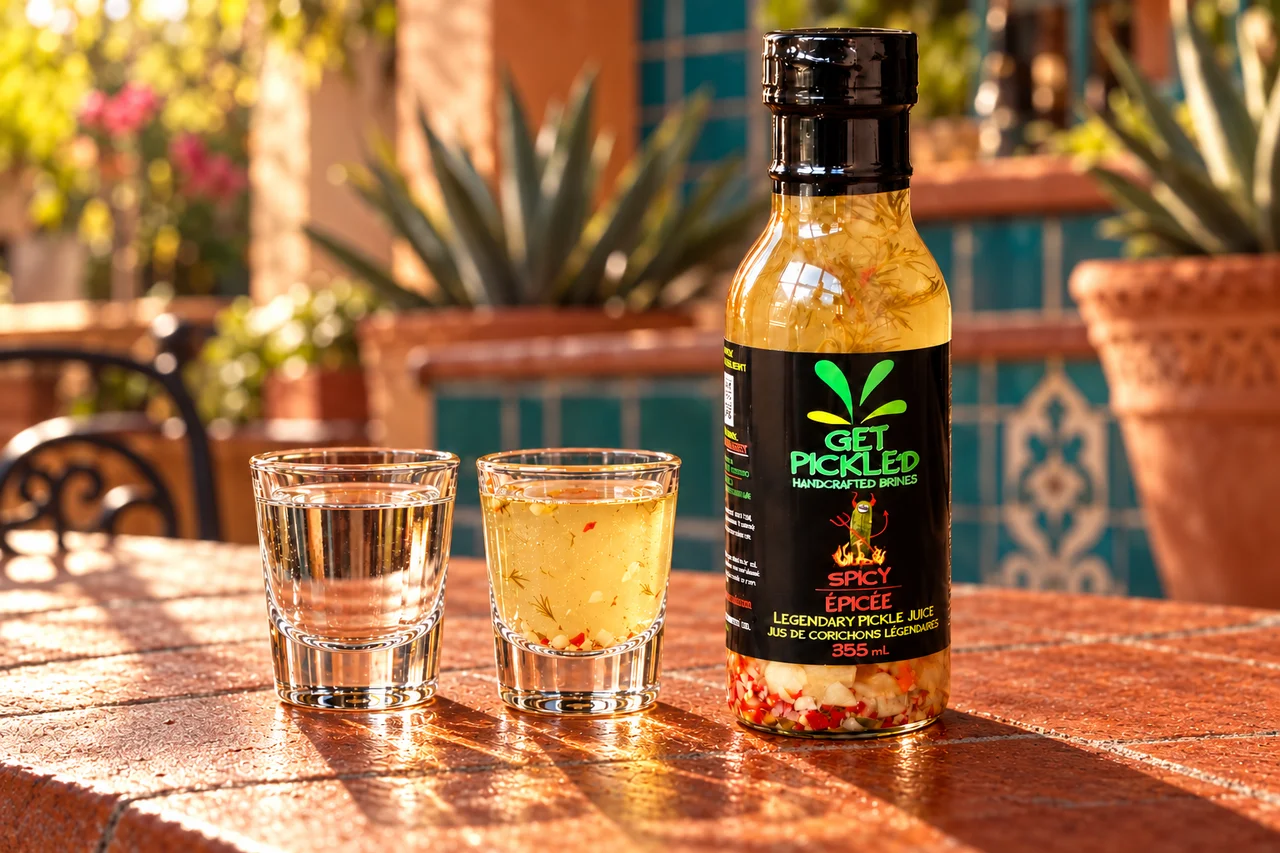 Spicy Tequilback: blanco tequila and Spicy pickle juice in separate glasses beside a Get Pickled Brines Spicy bottle in a courtyard bar