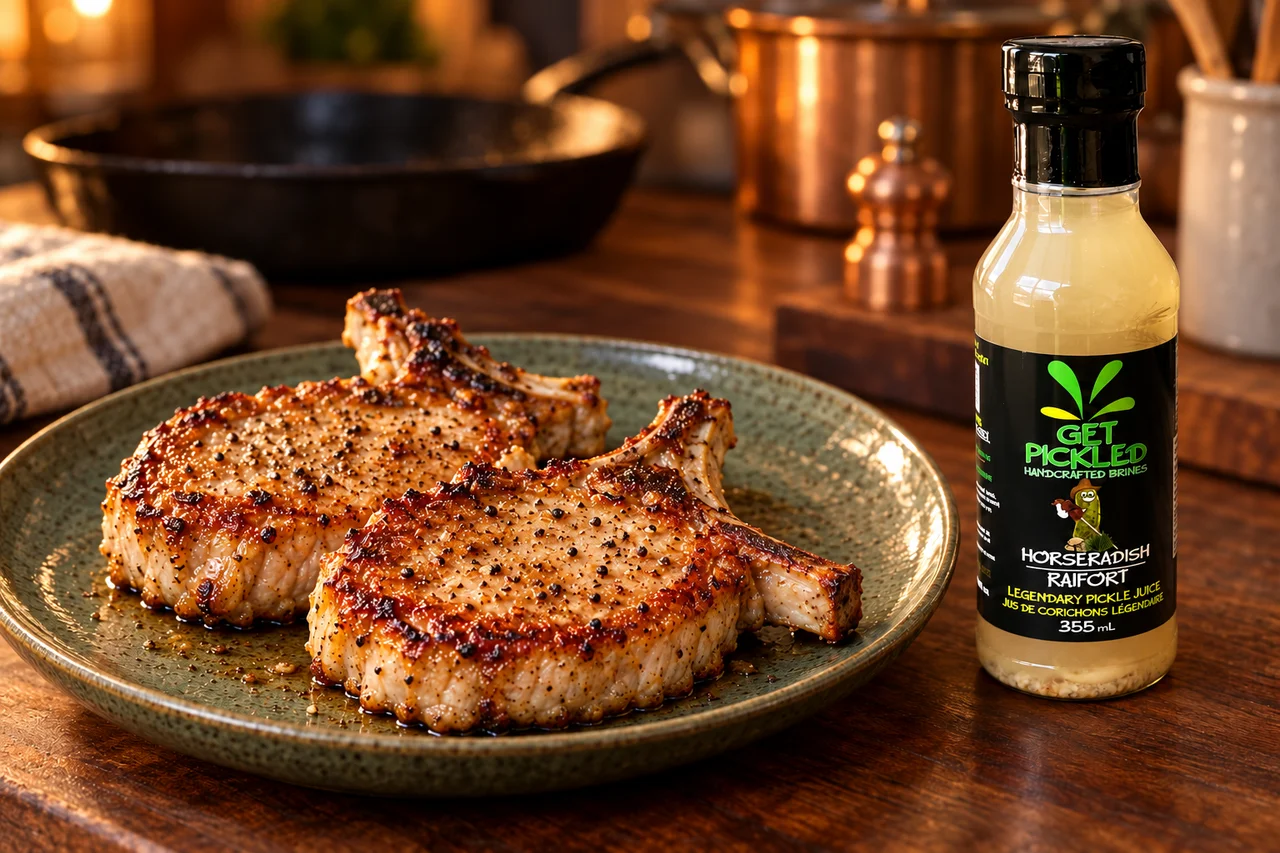 Pan-seared bone-in pork chops without garnish on sage-green stoneware beside a Get Pickled Brines Horseradish bottle in a farmhouse kitchen