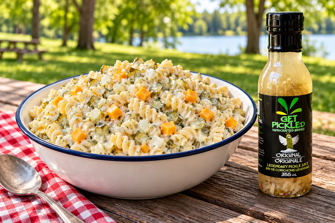 Famous Get Pickled Salad on a picnic table beside an Original bottle