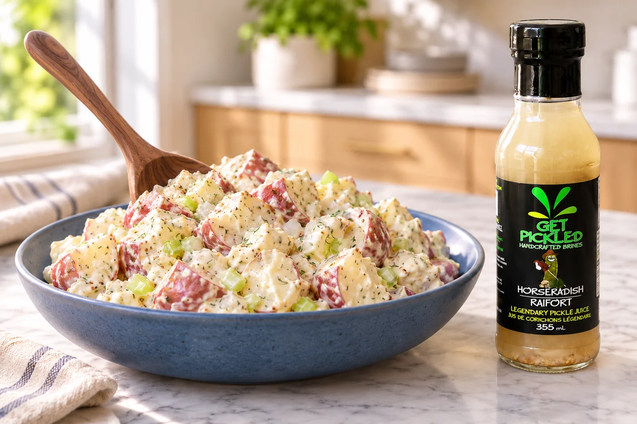 Creamy Horseradish Potato Salad with a wooden serving spoon in a blue bowl beside a Get Pickled Brines Horseradish bottle in an airy kitchen