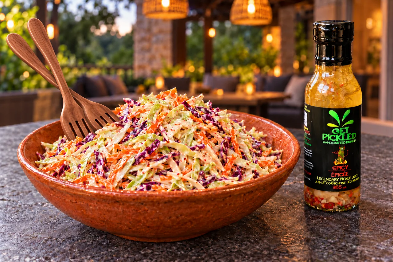 Spicy Crunch Slaw with two long wooden salad-serving forks slightly crossed on the left side of a terracotta bowl beside a Get Pickled Brines Spicy bottle on a warmly lit terrace