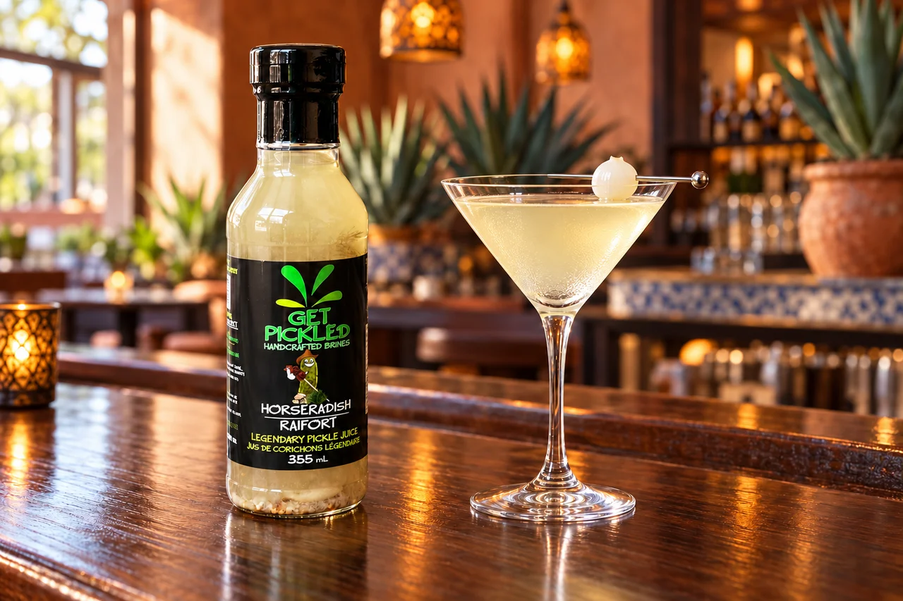 Tequila Vaquero in a traditional V-shaped martini glass with a cocktail onion beside a Horseradish bottle in a warm cantina