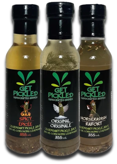 Spicy, Original and Horseradish Get Pickled brines, each in a 355 mL bottle