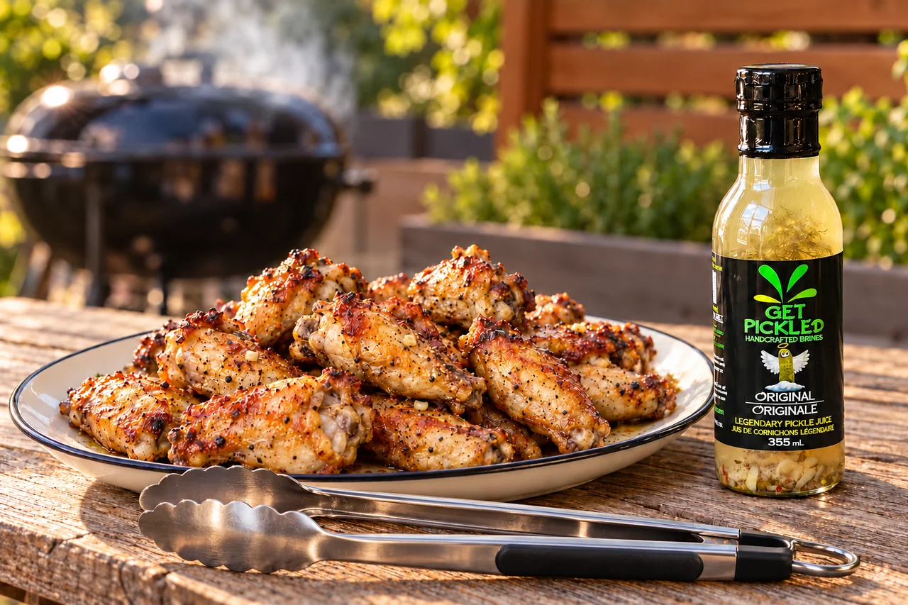 Pickle-brined chicken wings on an ivory platter with BBQ tongs and a Get Pickled Brines Original bottle